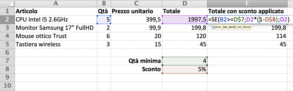 Esempio Funzione SE - Formula