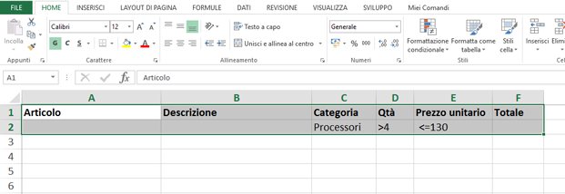 Intervallo criteri del Filtro Avanzato