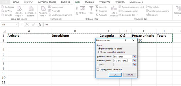 Finestra di dialogo Filtro Avanzato