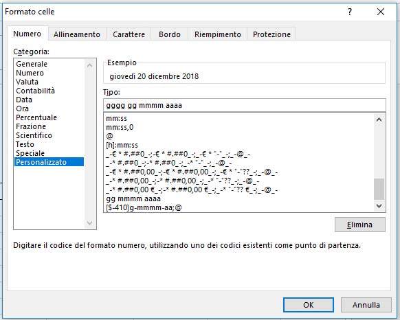 Formato personalizzato di una data Excel