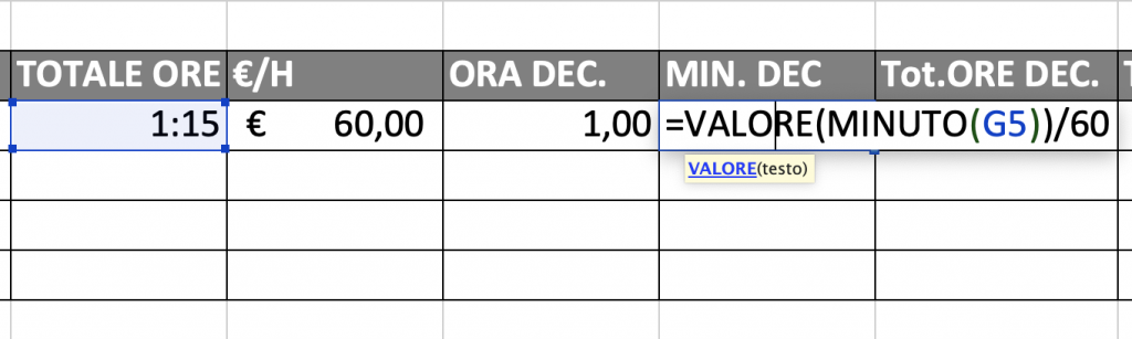 Come si utilizza la funzione MINUTO per convertire minuti in decimali di ora.