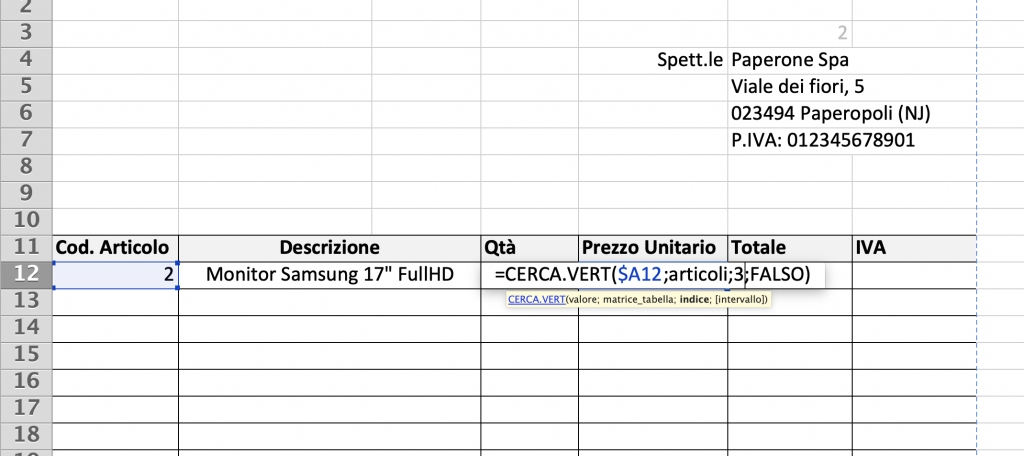 Esempio di funzione CERCA.VERT 3