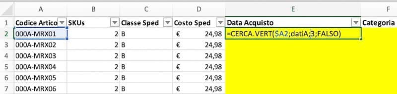 Esempio CERCA.VERT con indice fisso