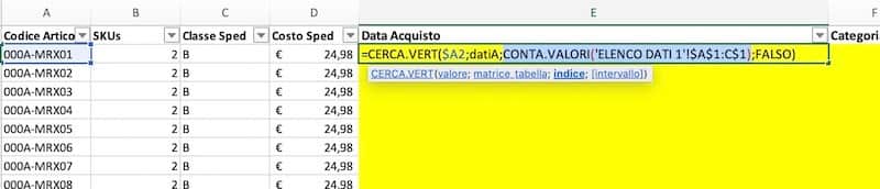 Esempio CERCA.VERT con indice automatico