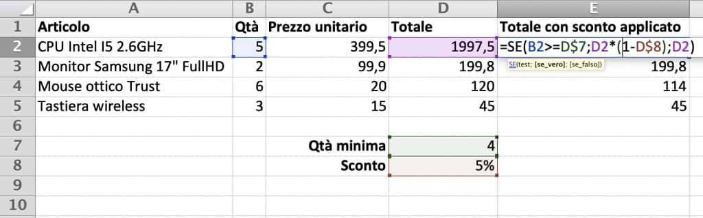 Esempio Funzione SE - Formula