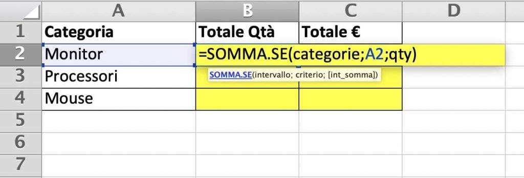 Riepilogo per quantità con la funzione somma.se