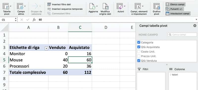 Report di Tabella Pivot per formula in campi calcolati