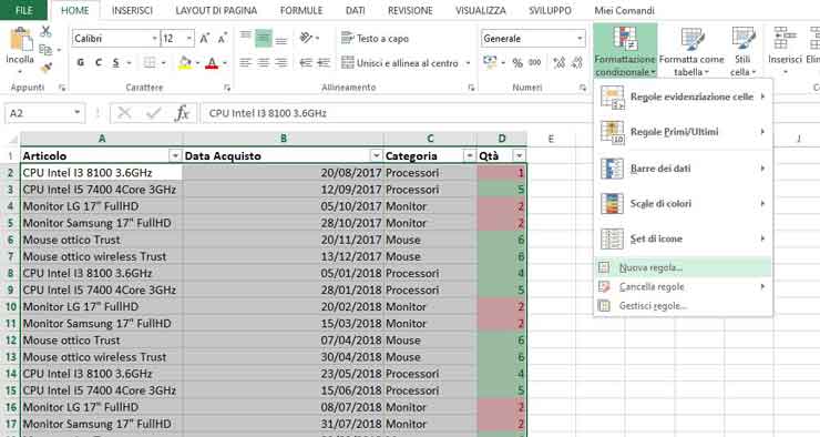 Come inserire una nuova regola di formattazione