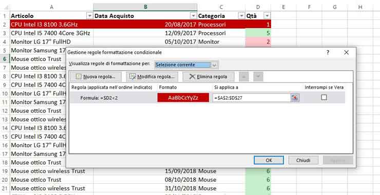 Esempio applicato di regola di formattazione condizionale