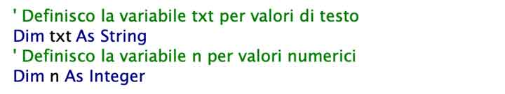 Esempio di dichiarazione variabili VBA per testo e numeri