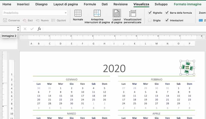 Layout di pagina del calendario excel