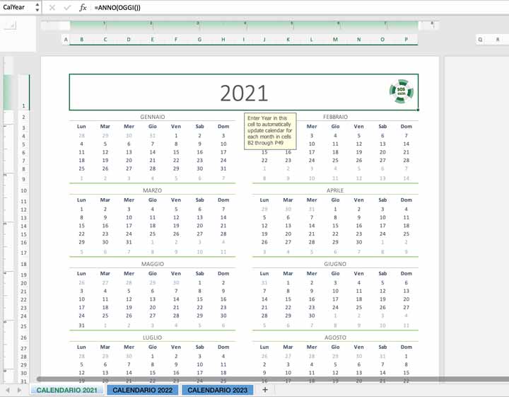 Modello di Calendario 2021 Excel