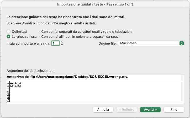 Procedura guidata di importazione csv