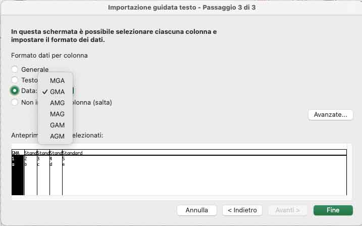 Formato data importata