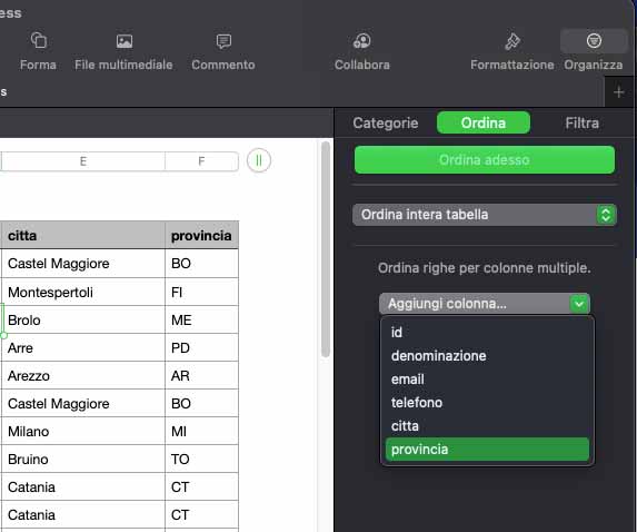 Come ordinare i dati in Numbers