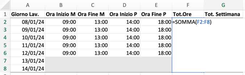 Calcolo ore lavorative settimanali